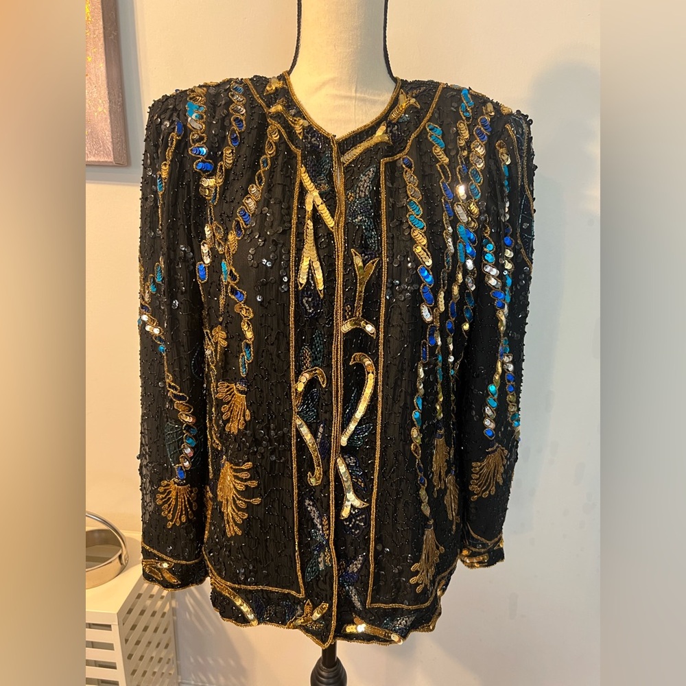 Black and Gold Sequin Blazer with Blue Accents